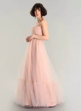 13557 Pink Strapless Tulle Evening Dress