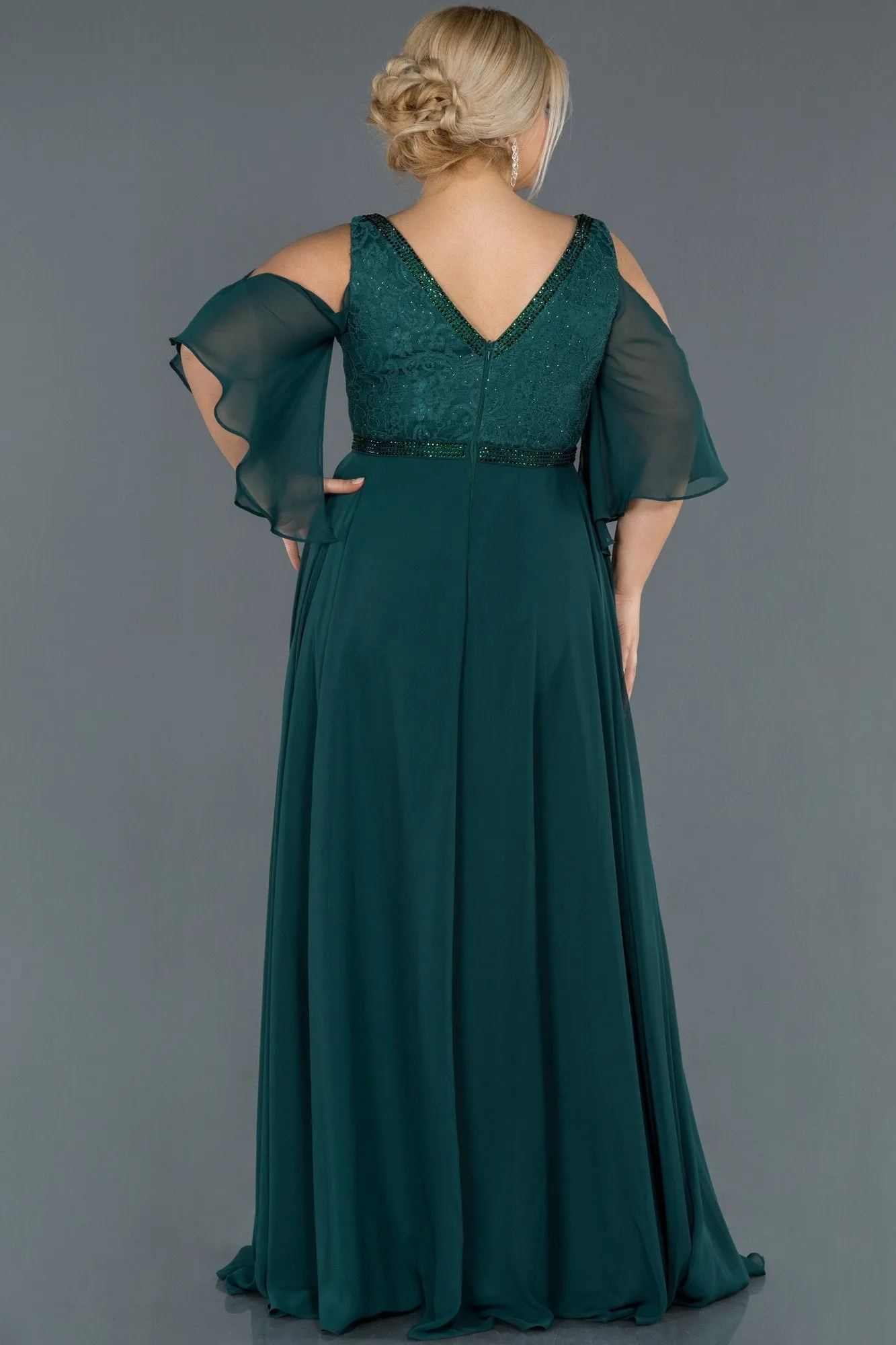 16563 Duck Green Cold Shoulder Lace Chiffon Dress