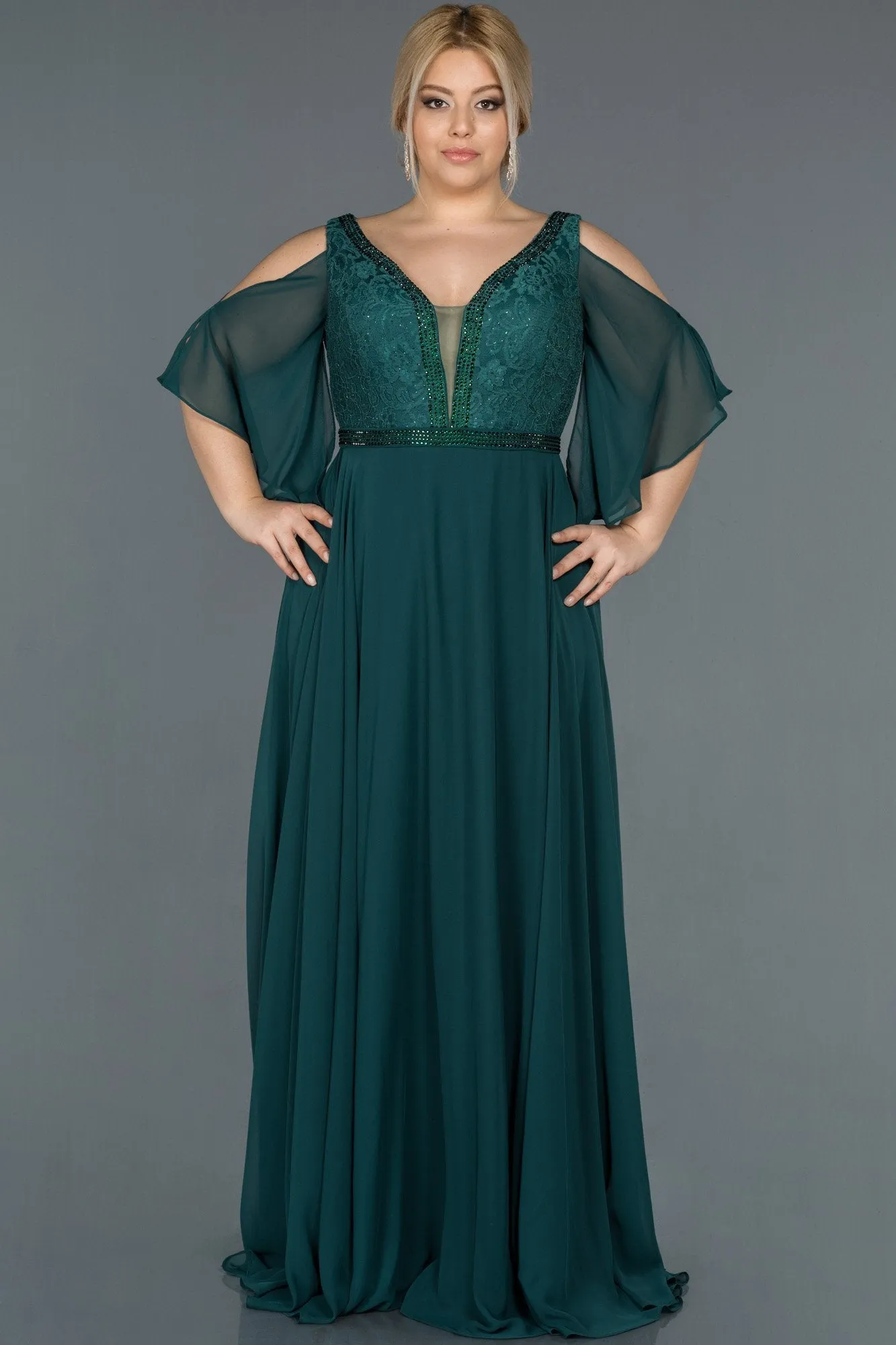 16563 Duck Green Cold Shoulder Lace Chiffon Dress