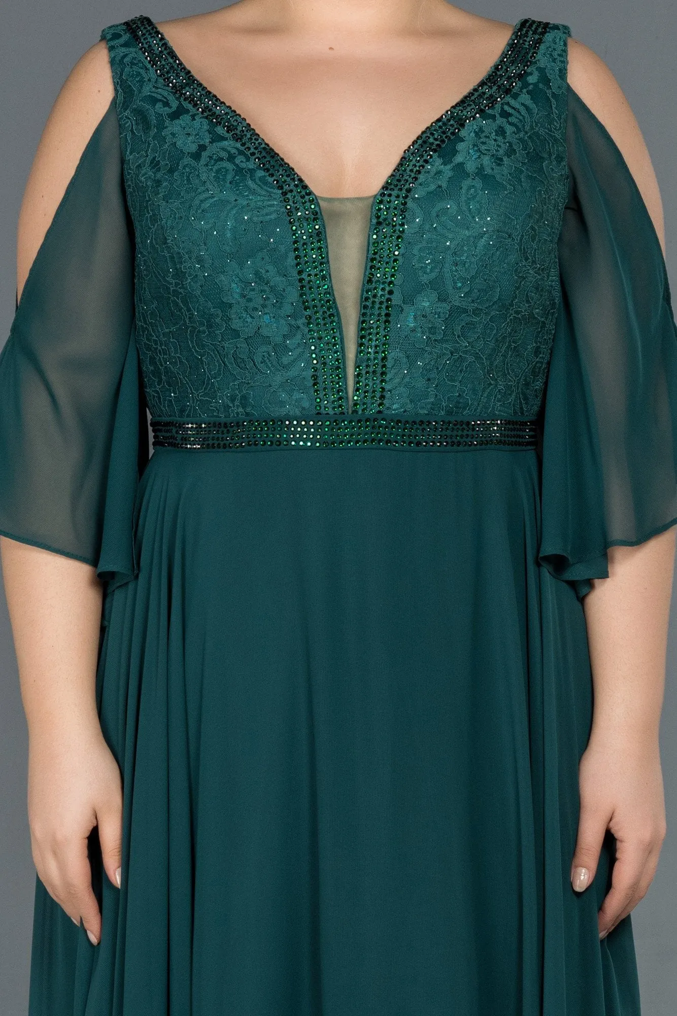 16563 Duck Green Cold Shoulder Lace Chiffon Dress