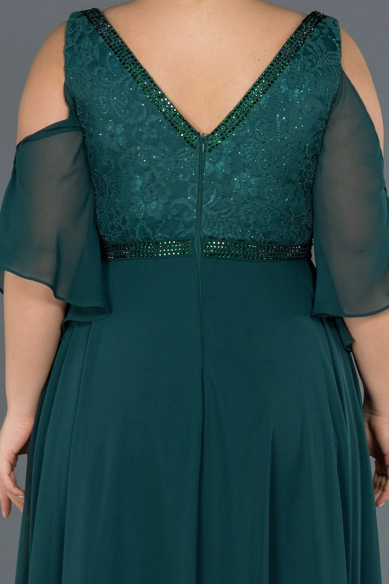 16563 Duck Green Cold Shoulder Lace Chiffon Dress