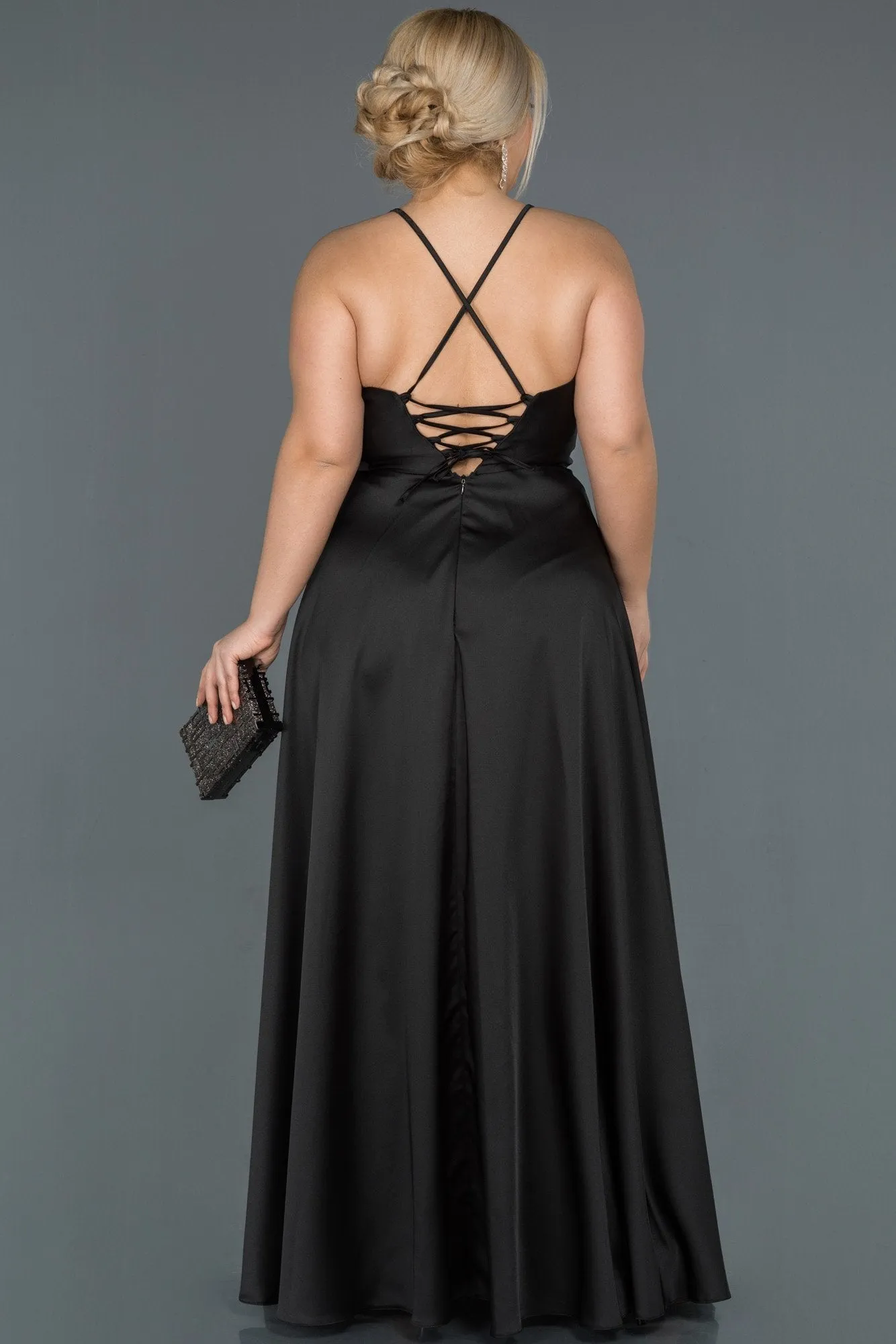 16571 Black Cross Strap Satin Dress