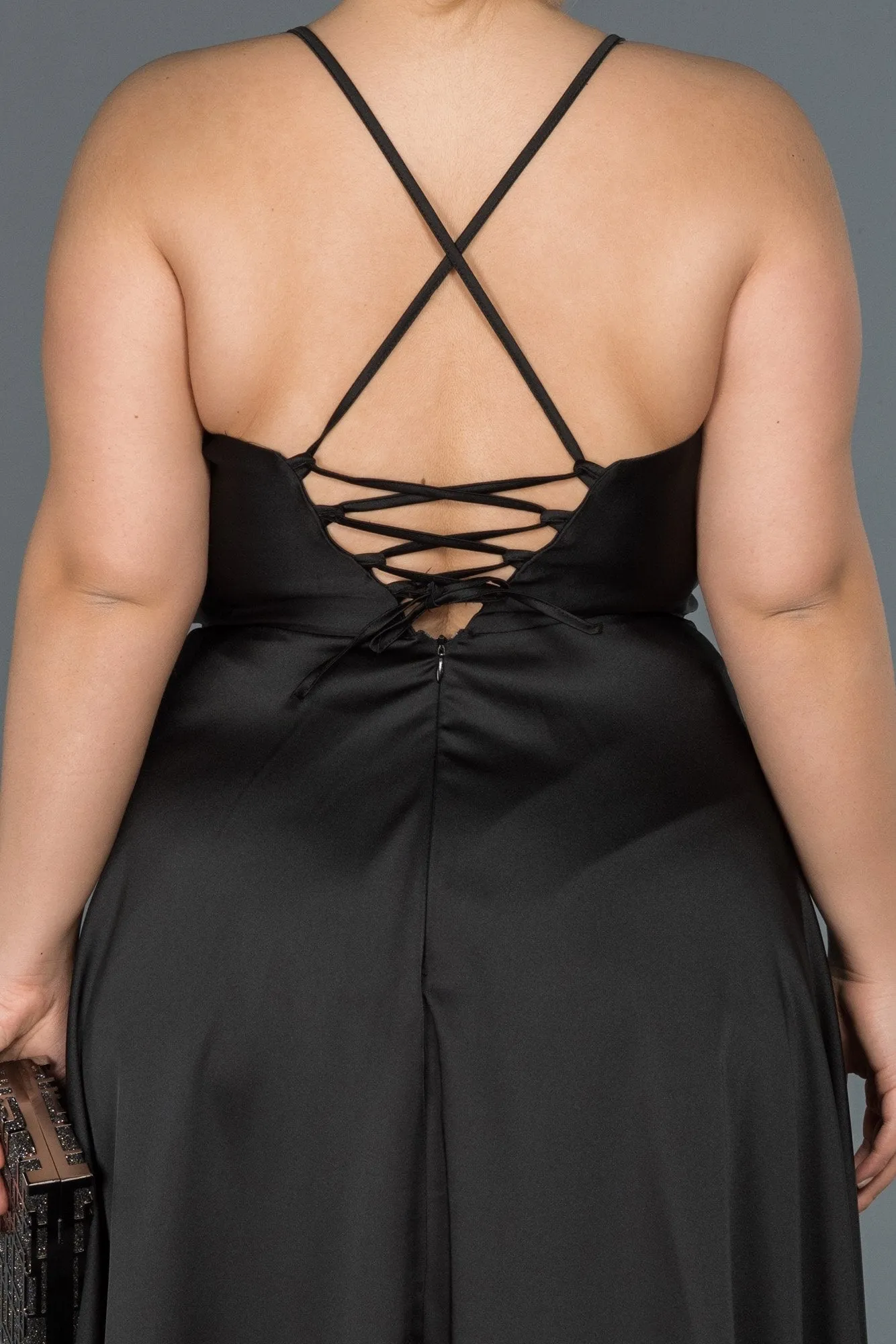 16571 Black Cross Strap Satin Dress