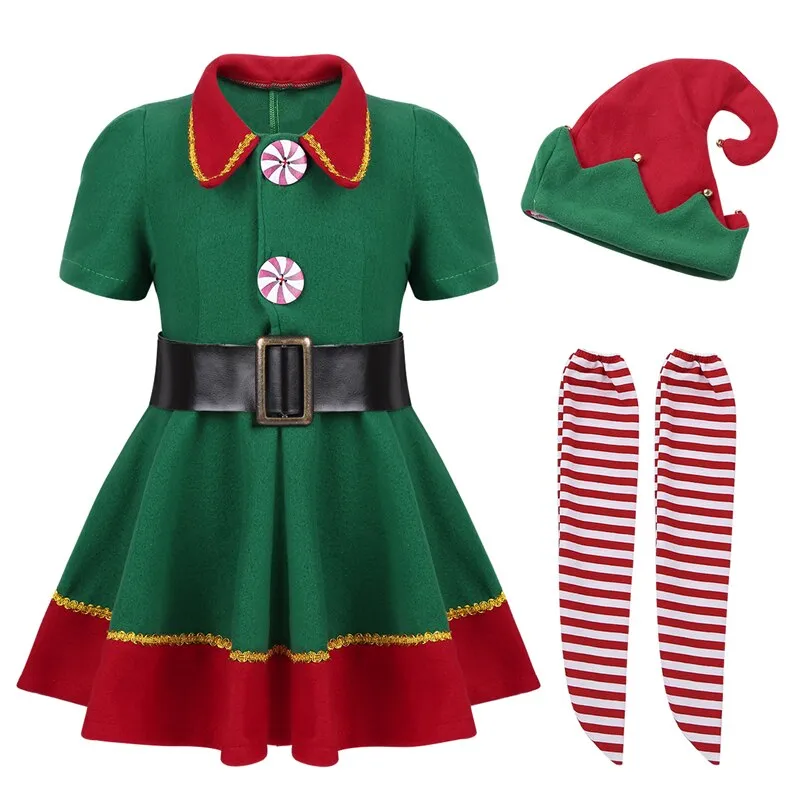 2019 green Elf Girls christmas Costume Festival Santa Clause for Girls New Year chilren clothing Fancy Dress Xmas Party Dress
