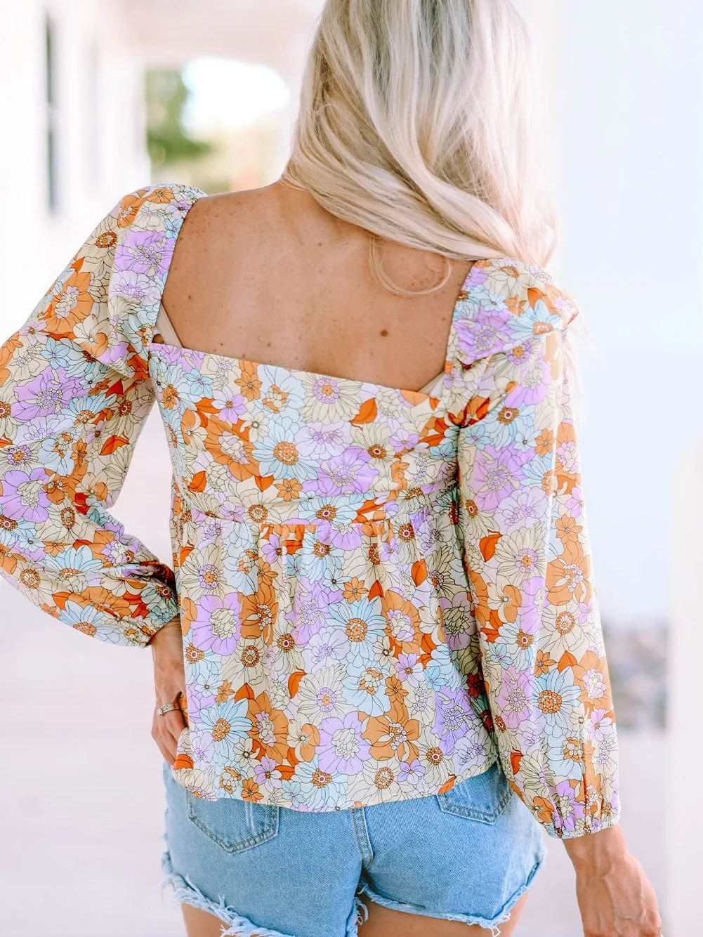 70s Retro Floral Print Puff Sleeve Blouse
