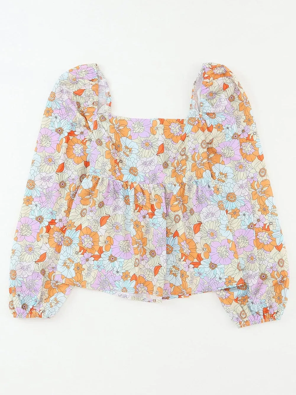 70s Retro Floral Print Puff Sleeve Blouse