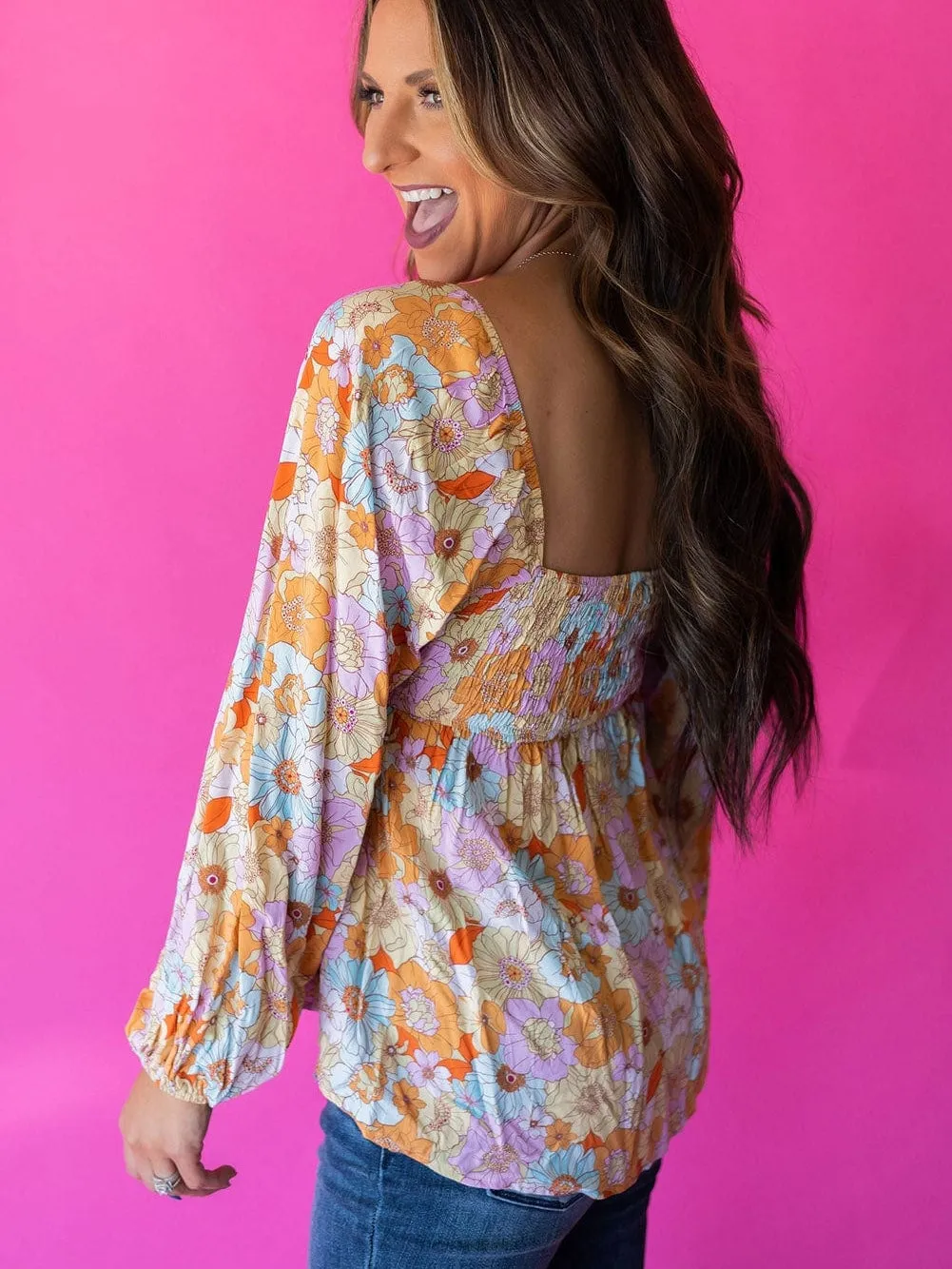 70s Retro Floral Print Puff Sleeve Blouse