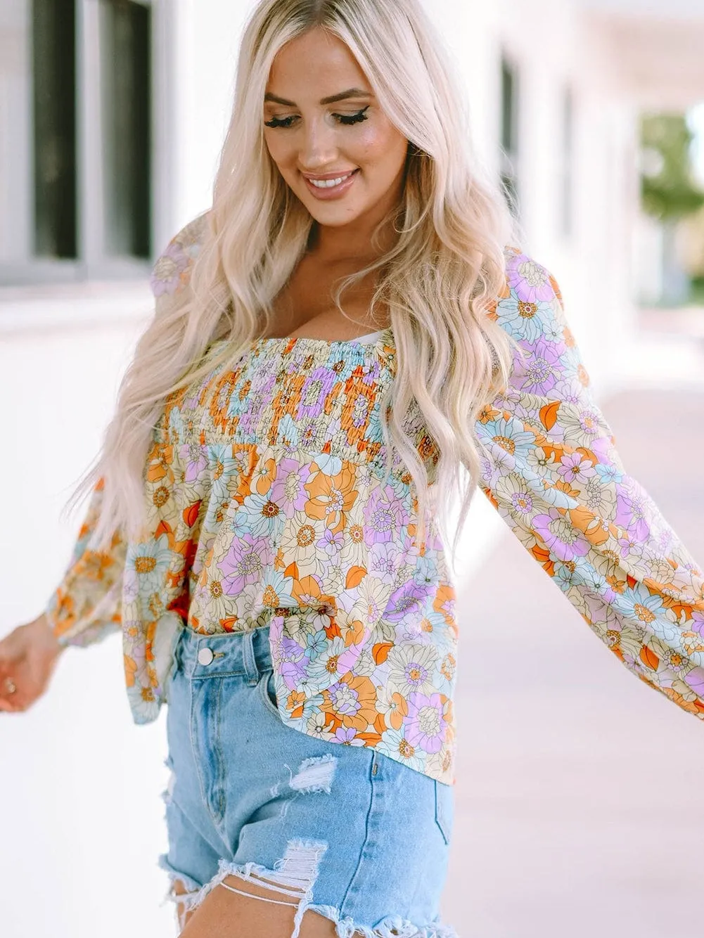 70s Retro Floral Print Puff Sleeve Blouse