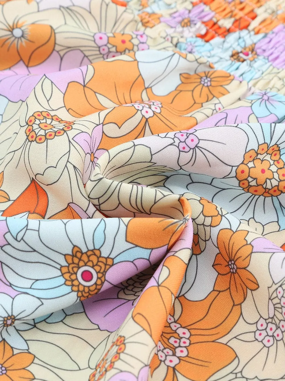 70s Retro Floral Print Puff Sleeve Blouse