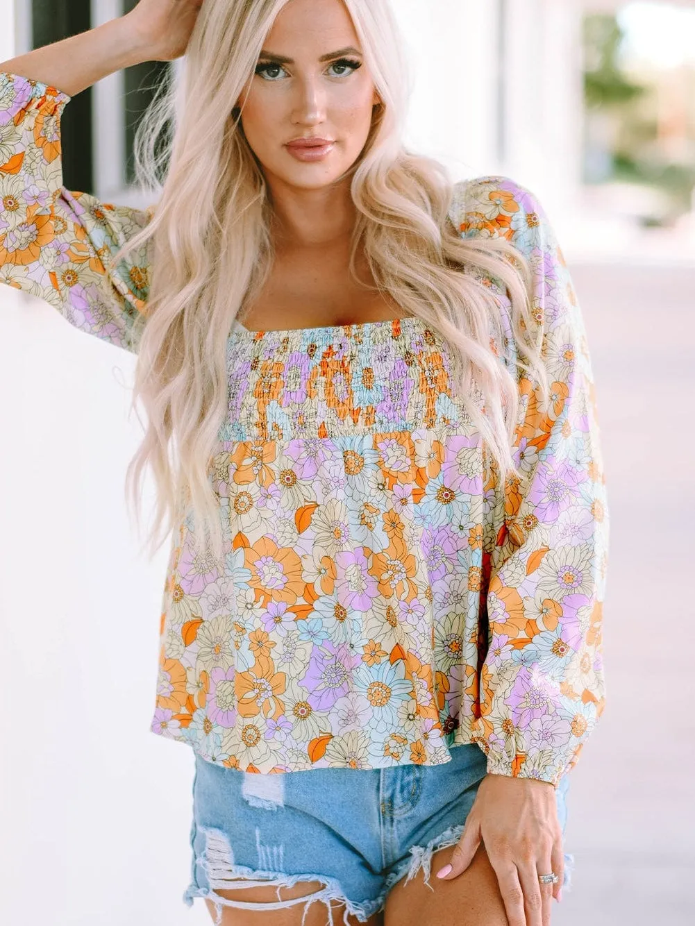 70s Retro Floral Print Puff Sleeve Blouse