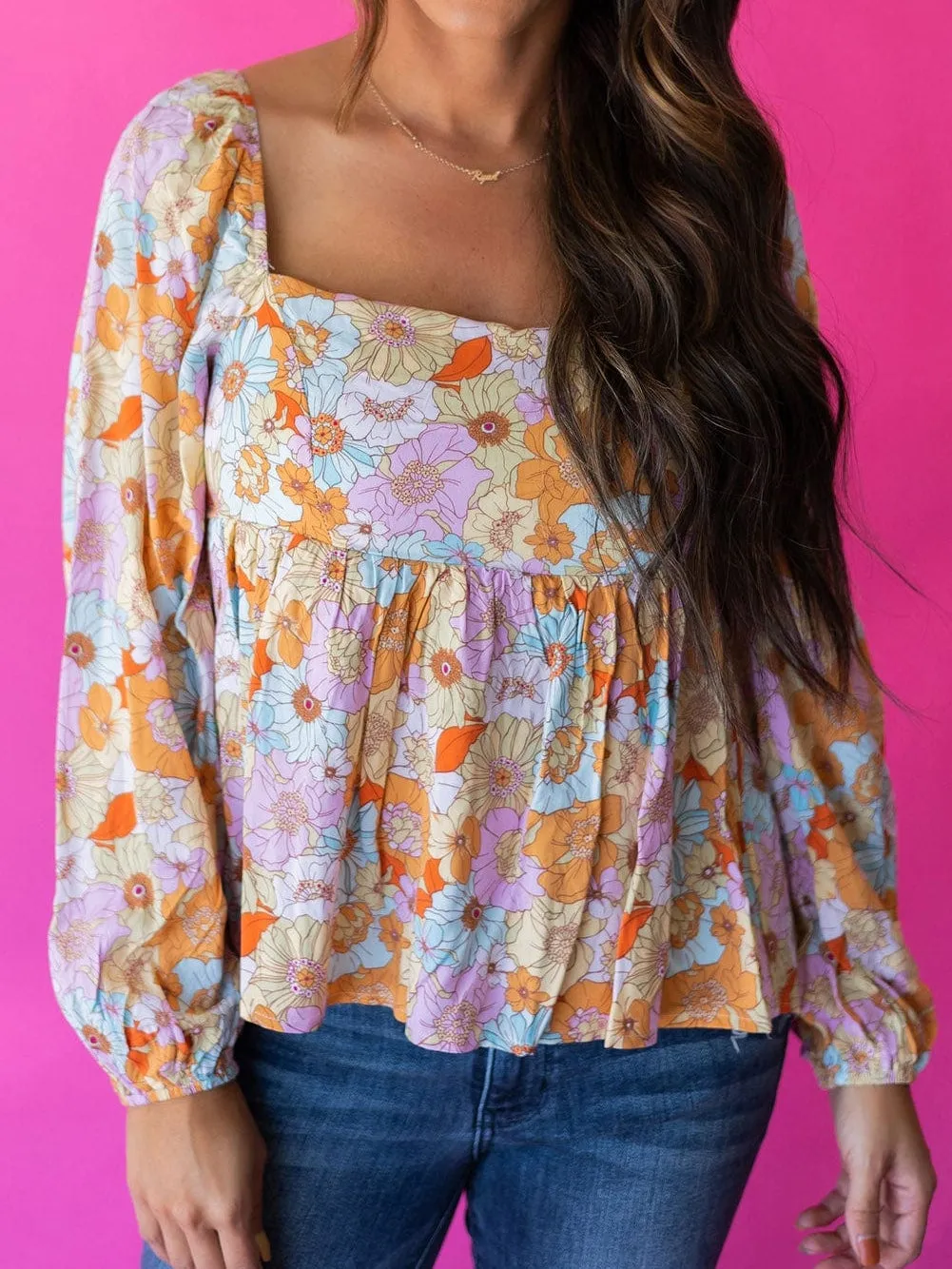70s Retro Floral Print Puff Sleeve Blouse