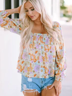 70s Retro Floral Print Puff Sleeve Blouse