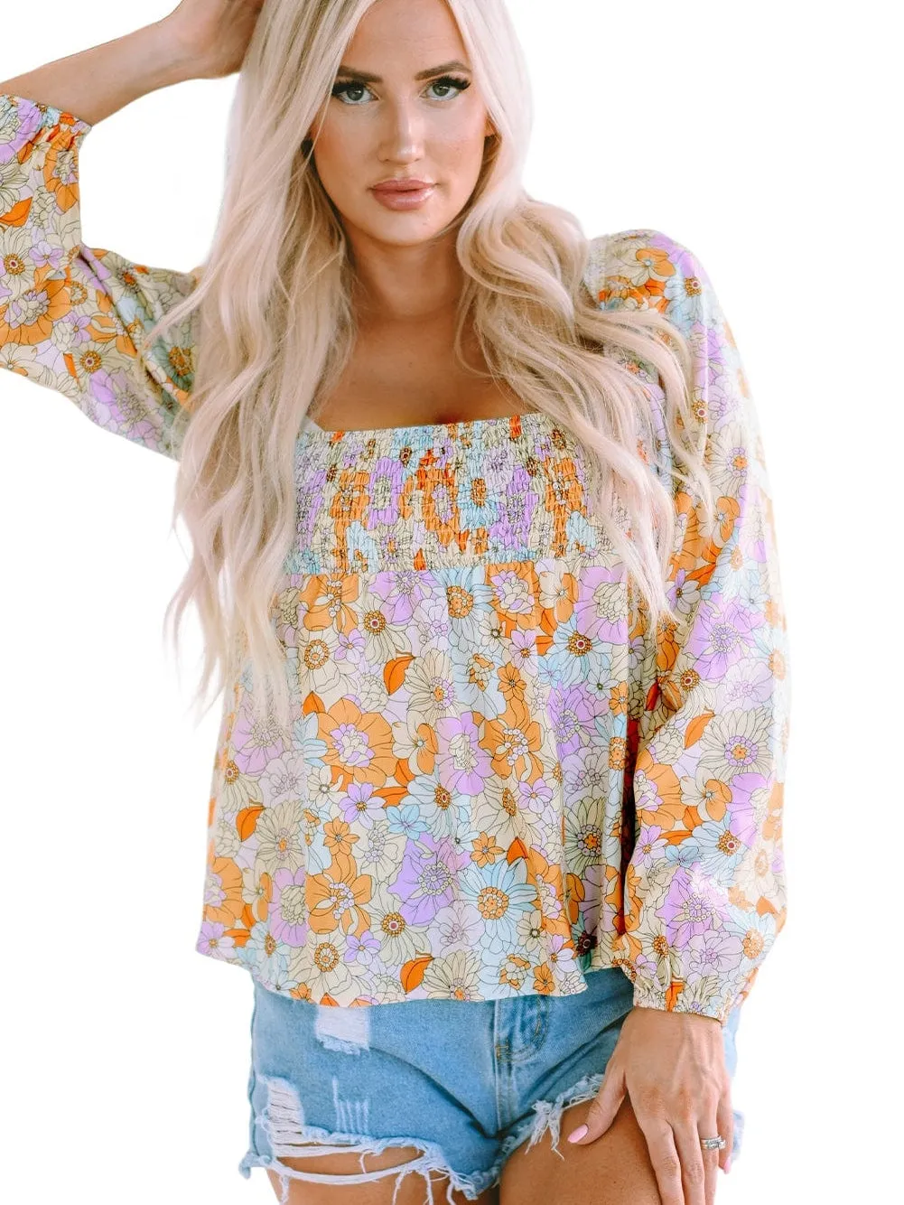 70s Retro Floral Print Puff Sleeve Blouse