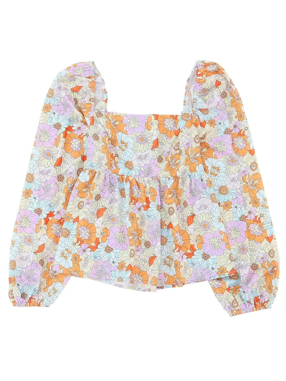 70s Retro Floral Print Puff Sleeve Blouse