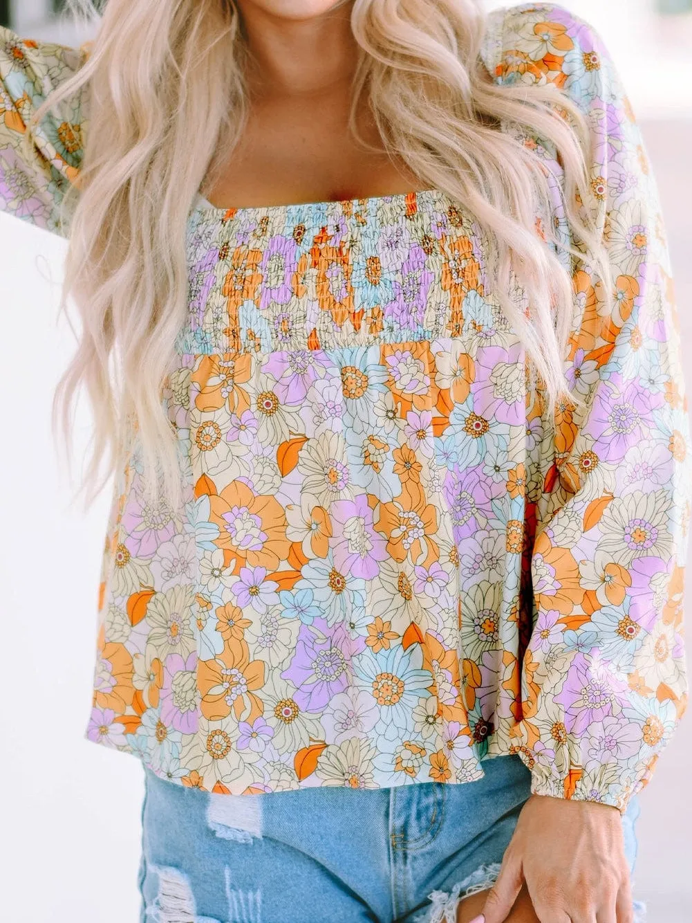 70s Retro Floral Print Puff Sleeve Blouse