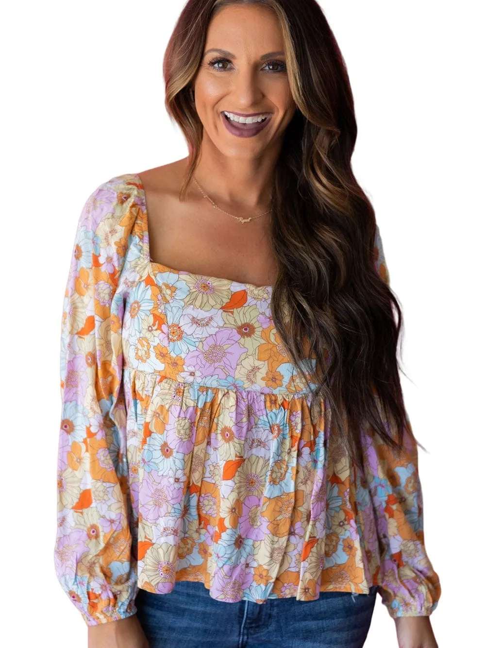 70s Retro Floral Print Puff Sleeve Blouse