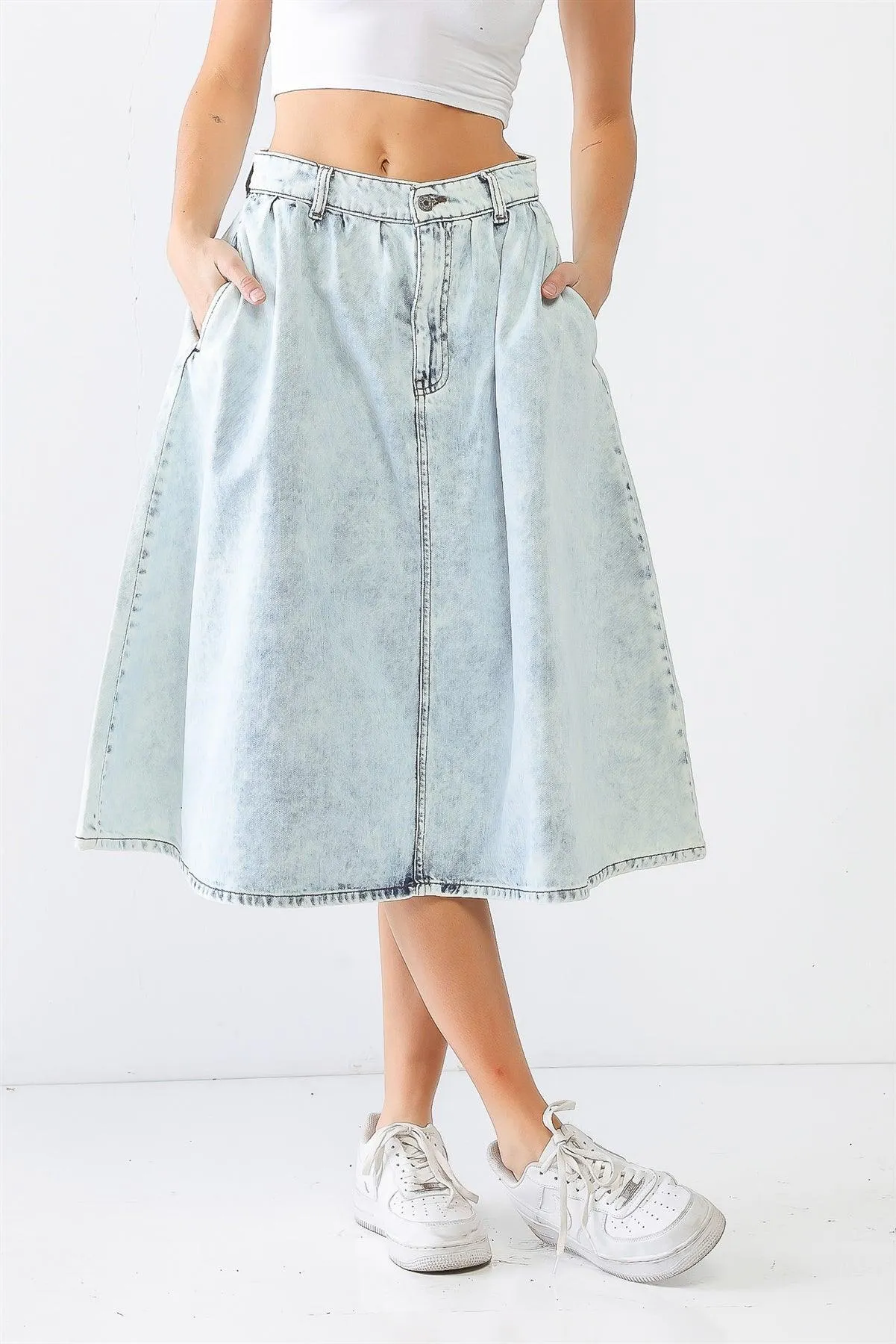 Acid Wash Denim Cotton Two Pocket Flare Hem Midi Skirt /3-2-1