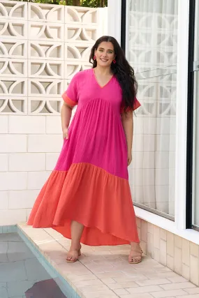 Adriana Crinkle Cotton V-Neck Dress in Sunset