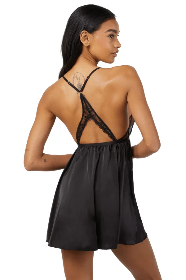 After Dark Elise Embroidery Babydoll & Thong Set - Black