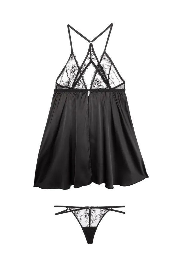 After Dark Elise Embroidery Babydoll & Thong Set - Black