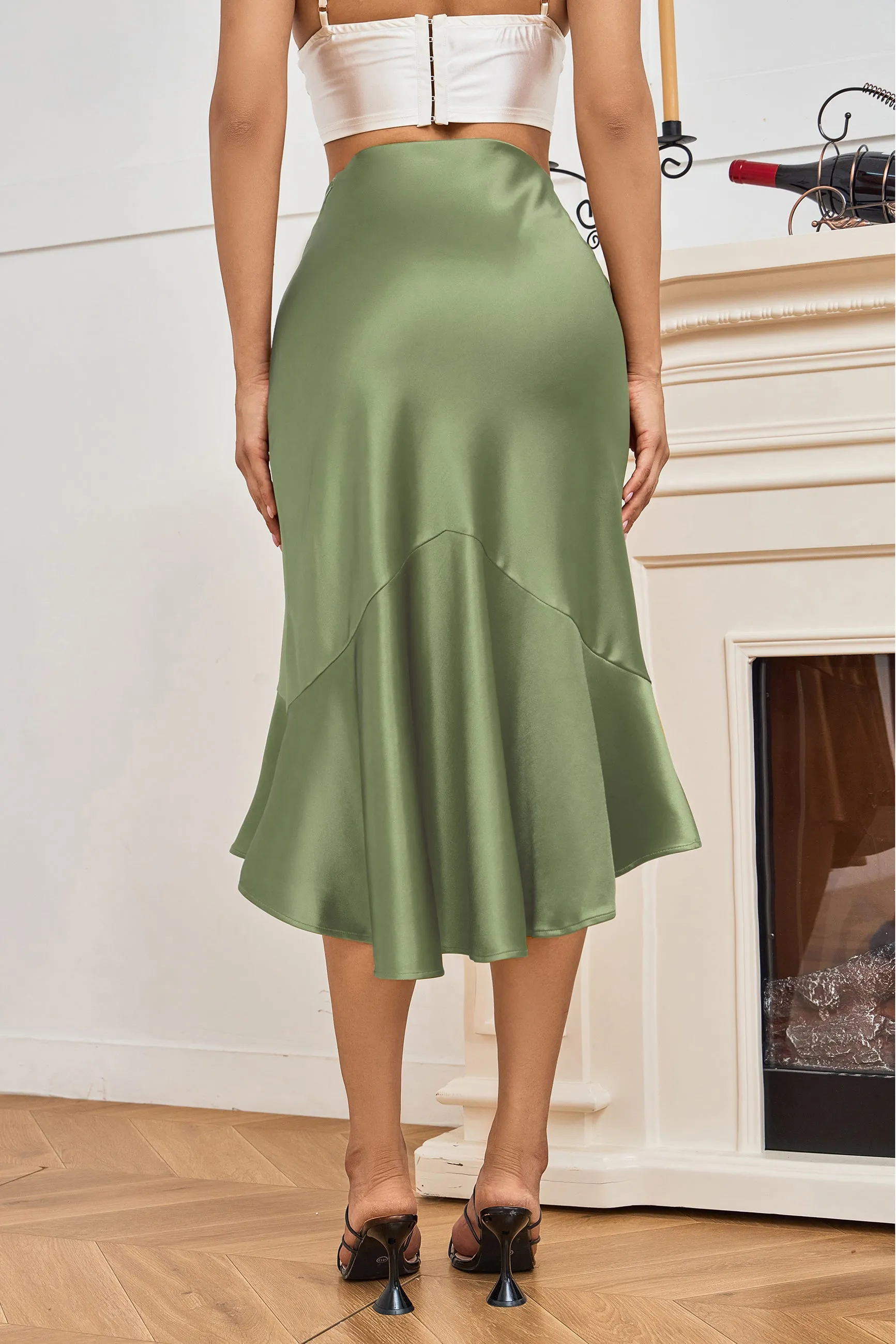 ALCEA ROSEA Women High Waist Satin Skirt Fishtail Silky Skirts Bodycon Stretchy Mermaid Pencil Midi Skirt Moss Green