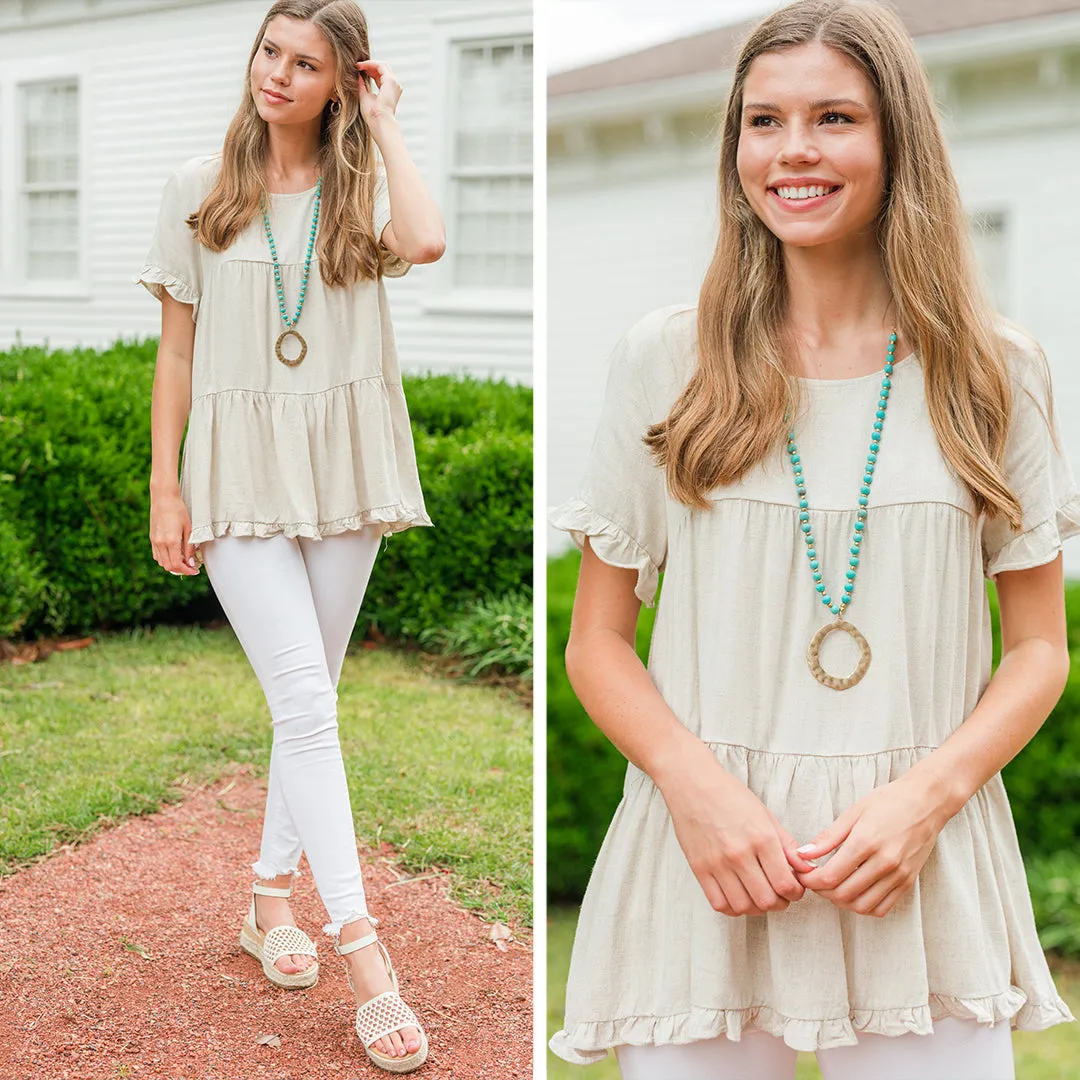 All Eyes On Me Oatmeal White Linen Babydoll Top