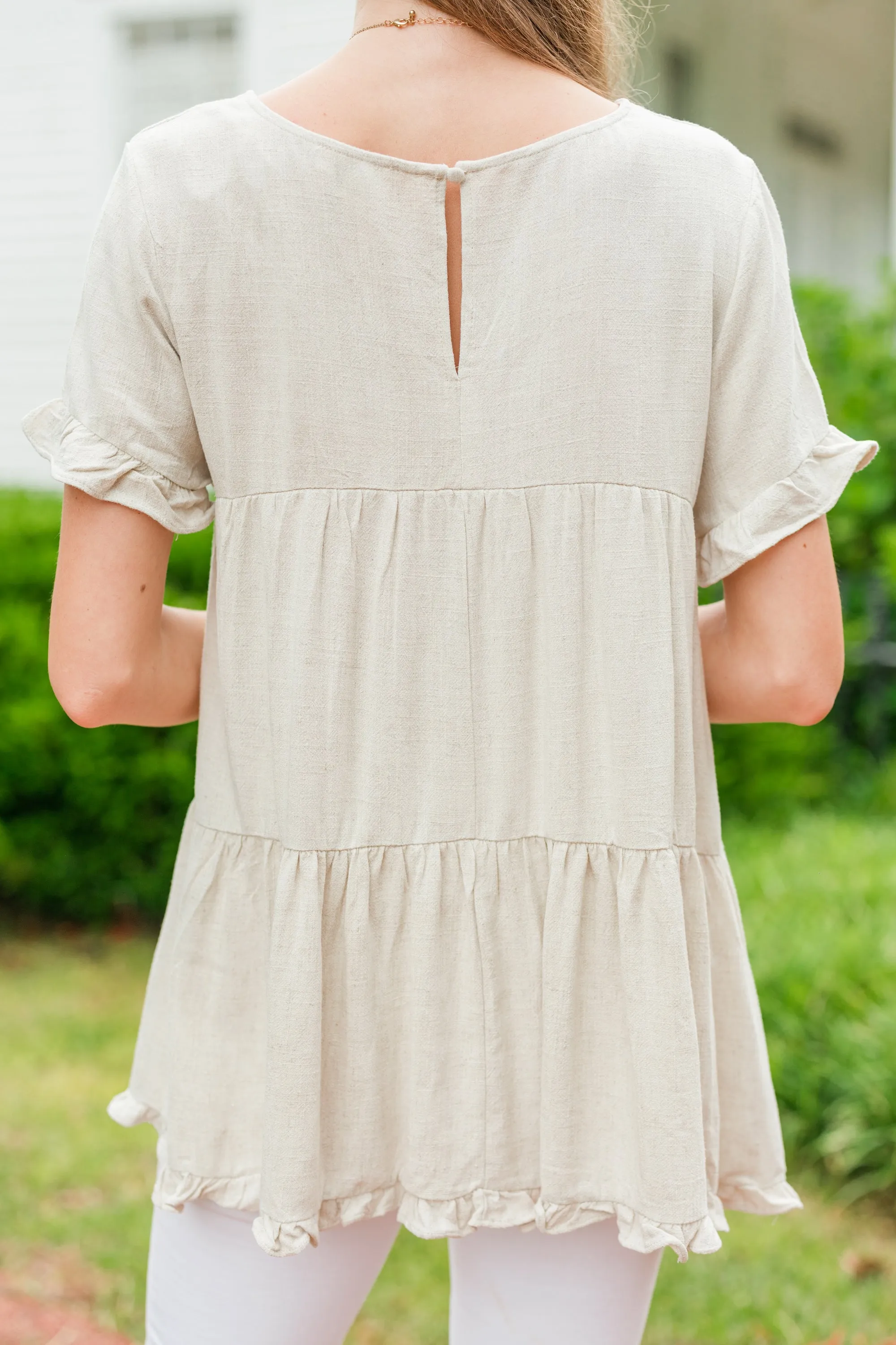 All Eyes On Me Oatmeal White Linen Babydoll Top
