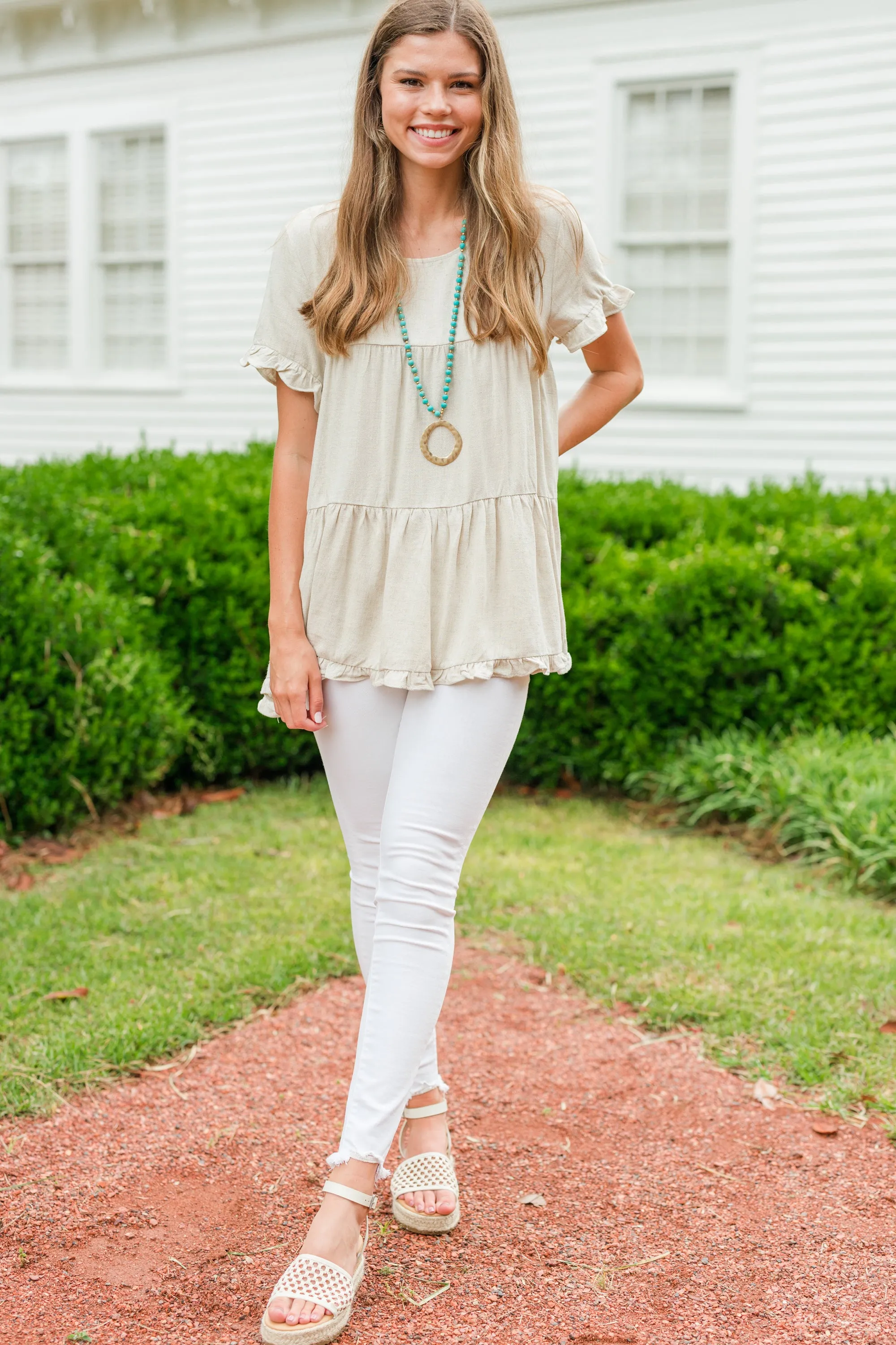All Eyes On Me Oatmeal White Linen Babydoll Top
