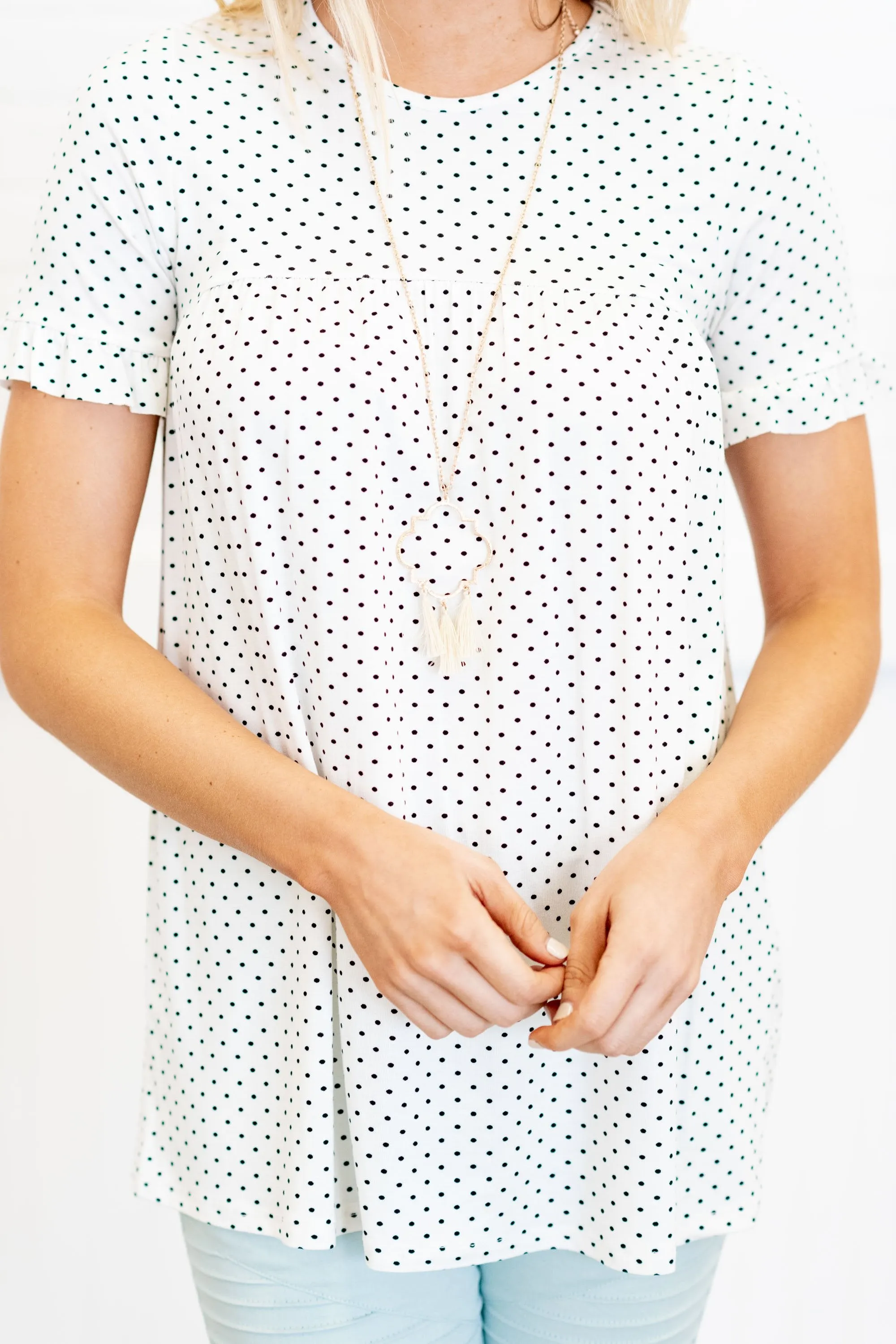 All For Fun Ivory White Polka Dot Top