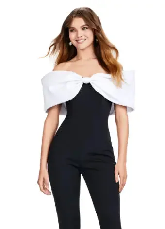 Ashley Lauren 11414 Off Shoulder Scuba Jumpsuit with Oversized Bow Formal Prom
