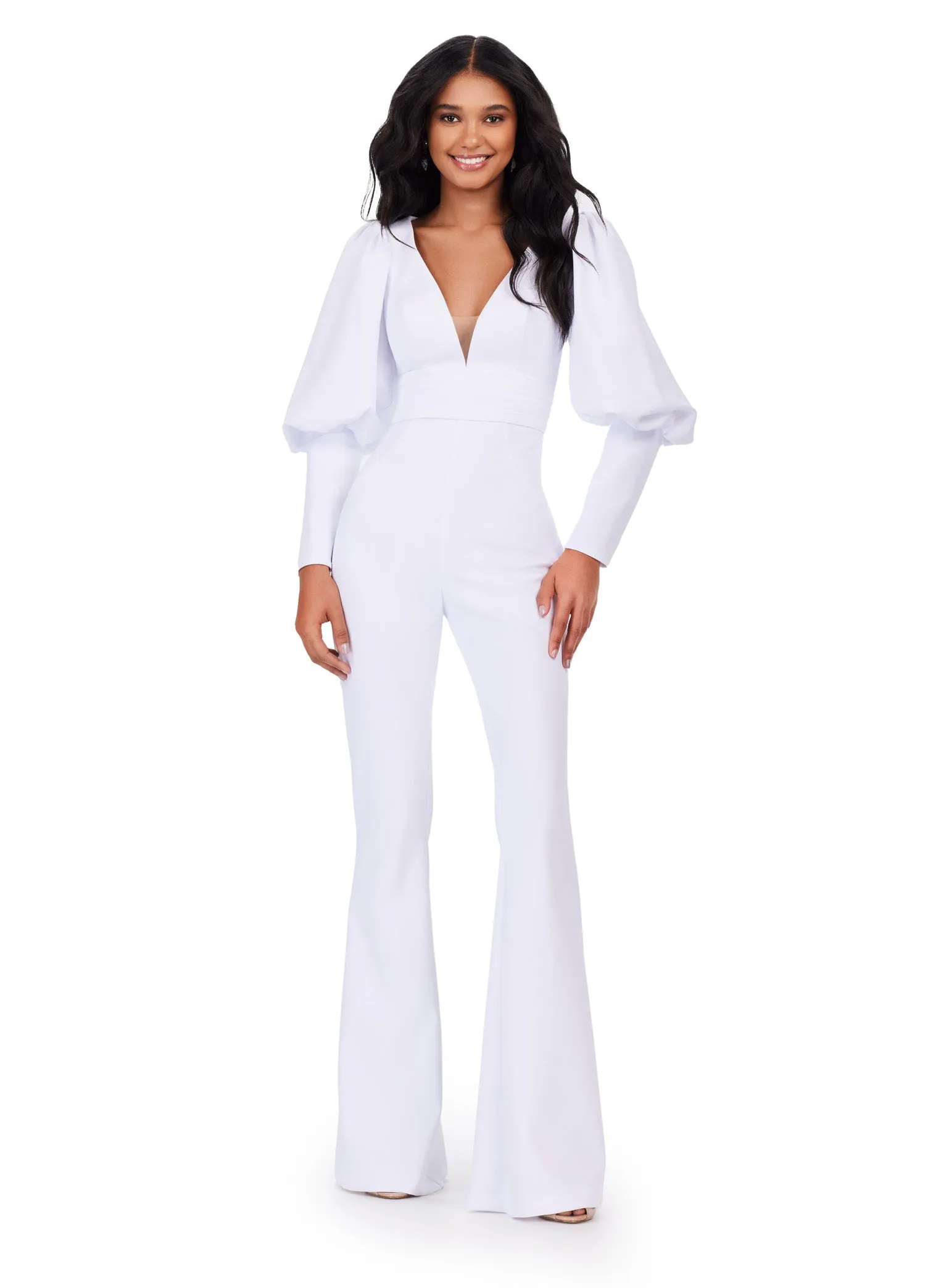 Ashley Lauren 11533 Prom V-Neck Scuba Jumpsuit Bishop Sleeves Formal Wear