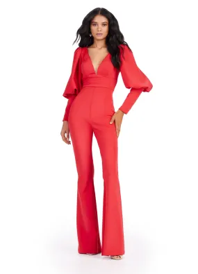 Ashley Lauren 11533 Prom V-Neck Scuba Jumpsuit Bishop Sleeves Formal Wear