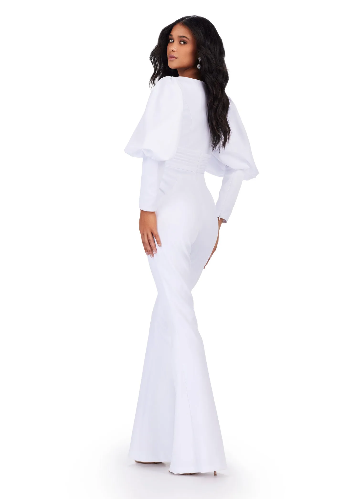 Ashley Lauren 11533 Prom V-Neck Scuba Jumpsuit Bishop Sleeves Formal Wear