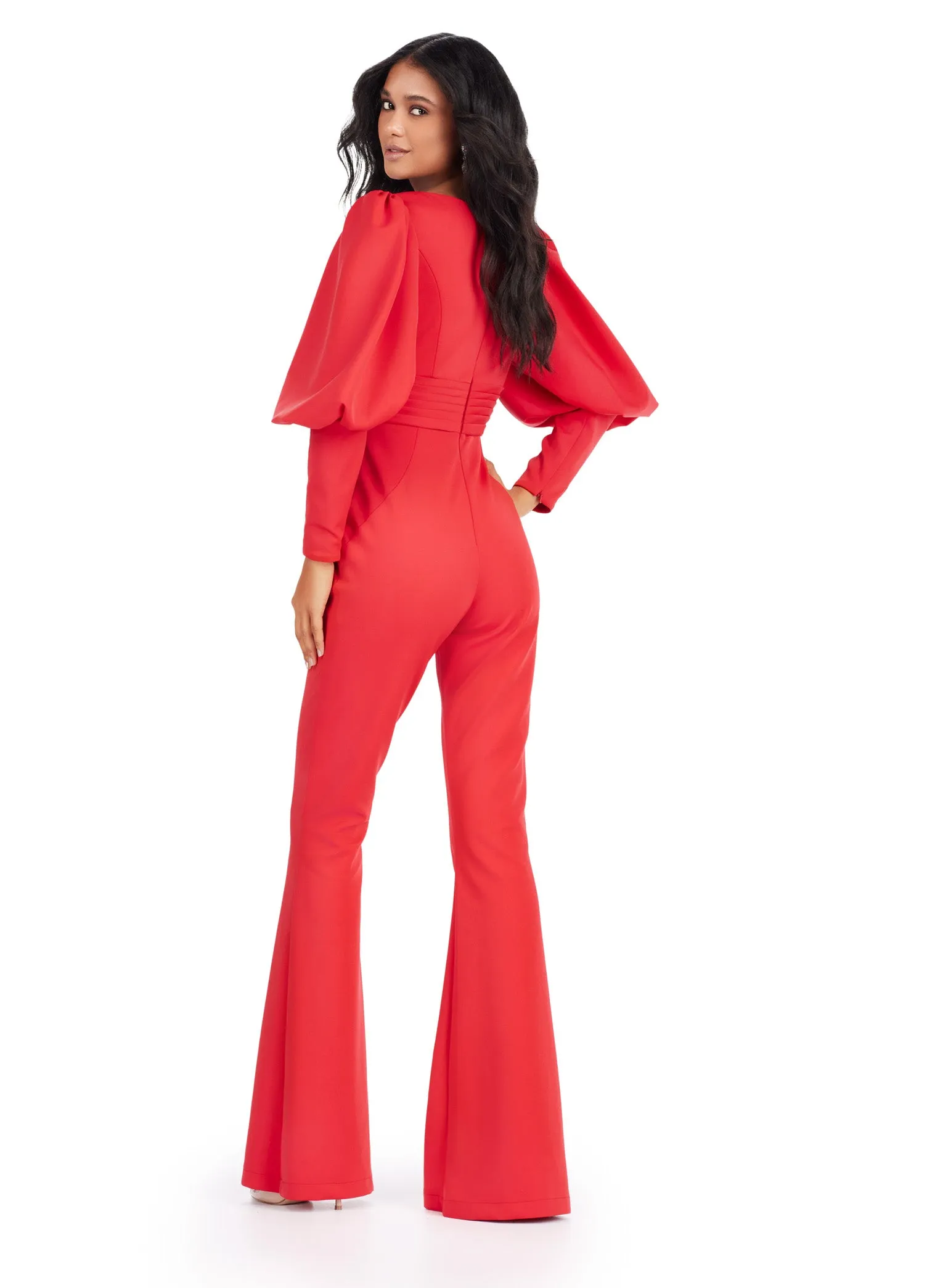 Ashley Lauren 11533 Prom V-Neck Scuba Jumpsuit Bishop Sleeves Formal Wear