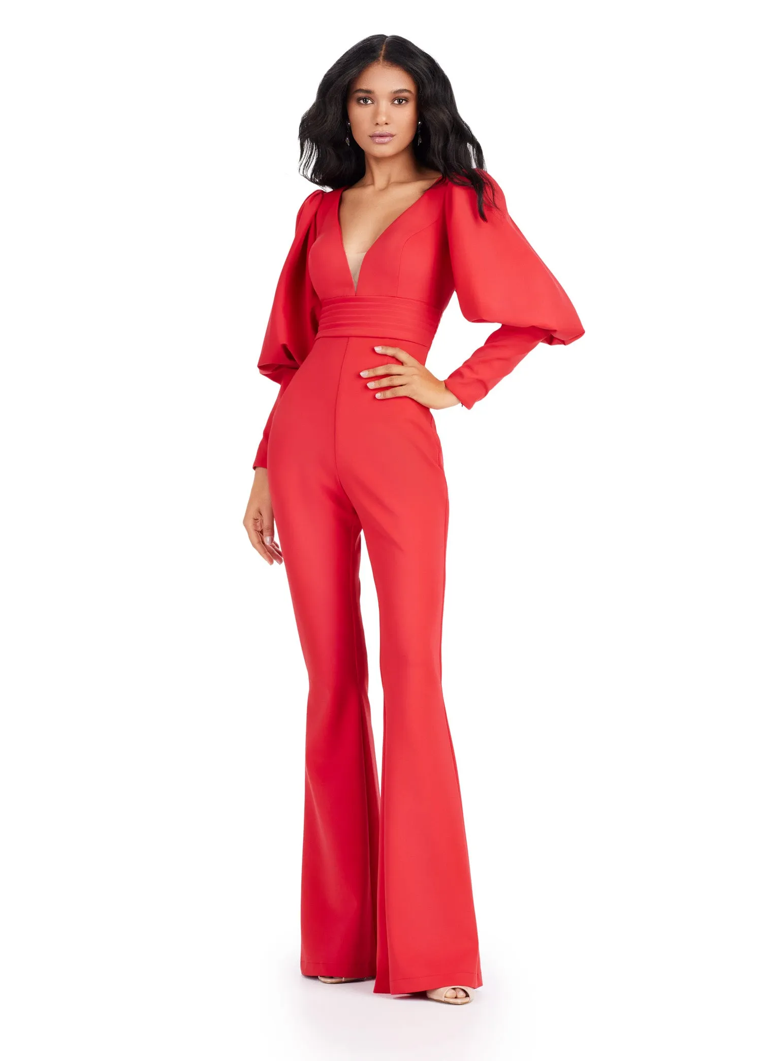 Ashley Lauren 11533 Prom V-Neck Scuba Jumpsuit Bishop Sleeves Formal Wear