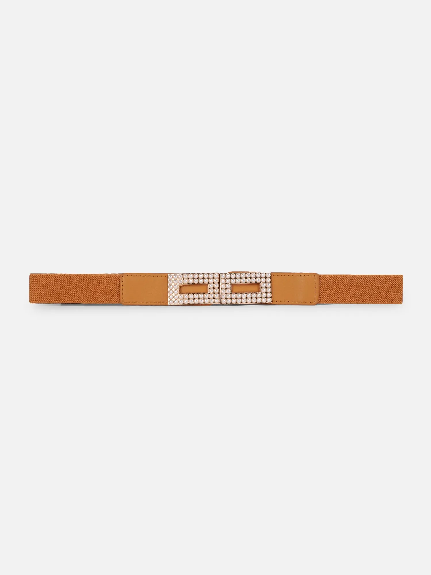 Berrylush Women Solid Brown Pearl Embellished PU Nylon Interlock Regular Slim Belt