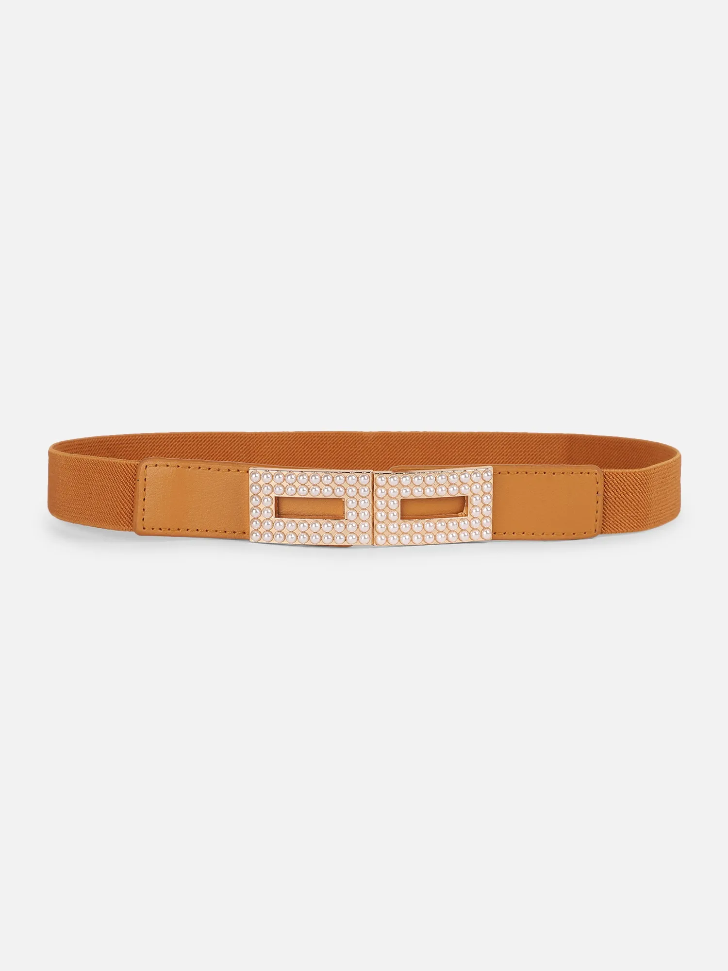 Berrylush Women Solid Brown Pearl Embellished PU Nylon Interlock Regular Slim Belt