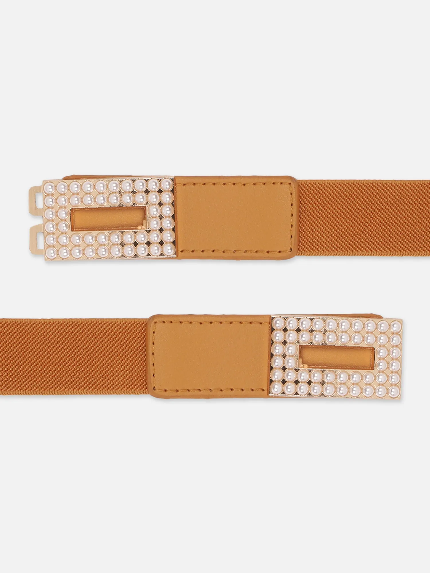 Berrylush Women Solid Brown Pearl Embellished PU Nylon Interlock Regular Slim Belt