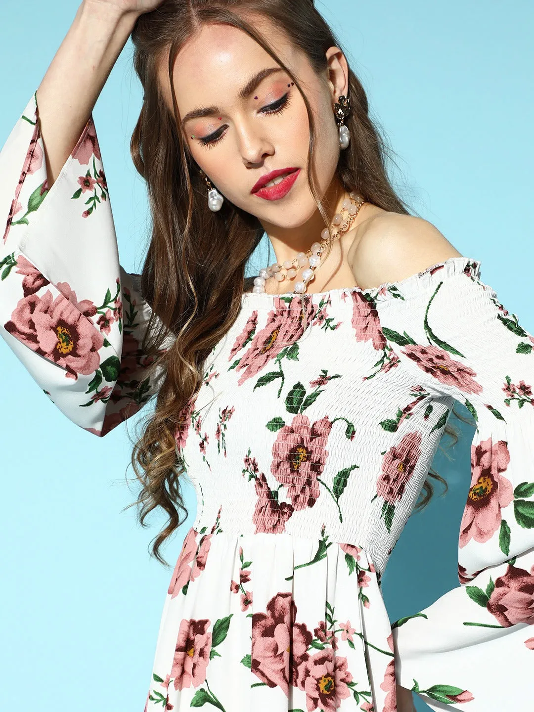 Berrylush Women White & Mauve Floral Printed Off-Shoulder Neck Crepe Smocked Fit & Flare Mini Dress