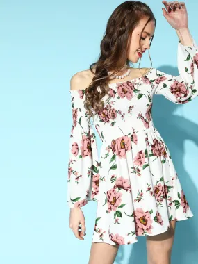 Berrylush Women White & Mauve Floral Printed Off-Shoulder Neck Crepe Smocked Fit & Flare Mini Dress