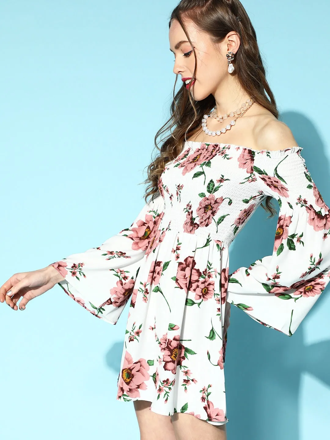Berrylush Women White & Mauve Floral Printed Off-Shoulder Neck Crepe Smocked Fit & Flare Mini Dress