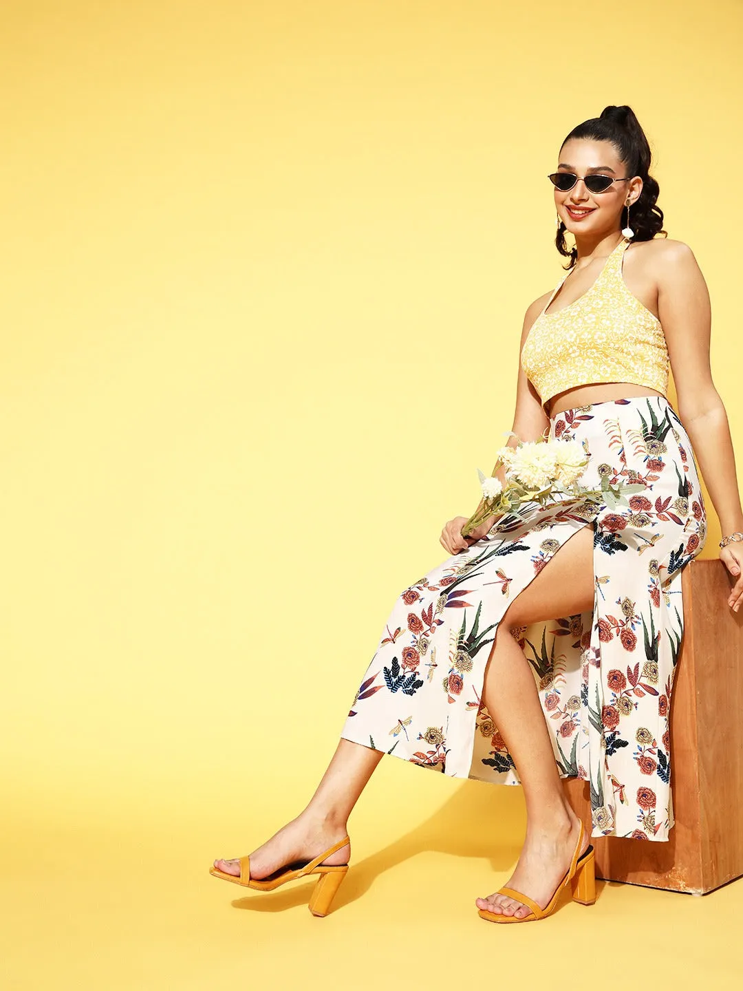 Berrylush Women White & Red Floral Printed Thigh-High Slit Flared A-Line Midi Skirt