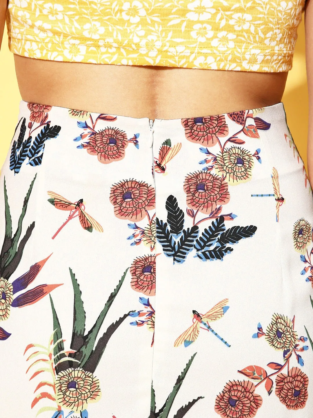 Berrylush Women White & Red Floral Printed Thigh-High Slit Flared A-Line Midi Skirt