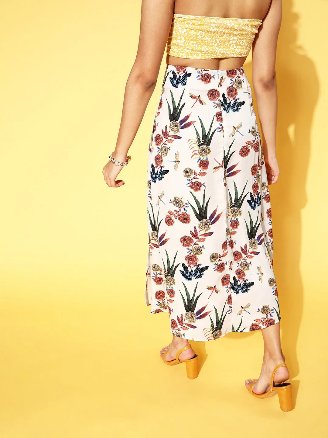 Berrylush Women White & Red Floral Printed Thigh-High Slit Flared A-Line Midi Skirt