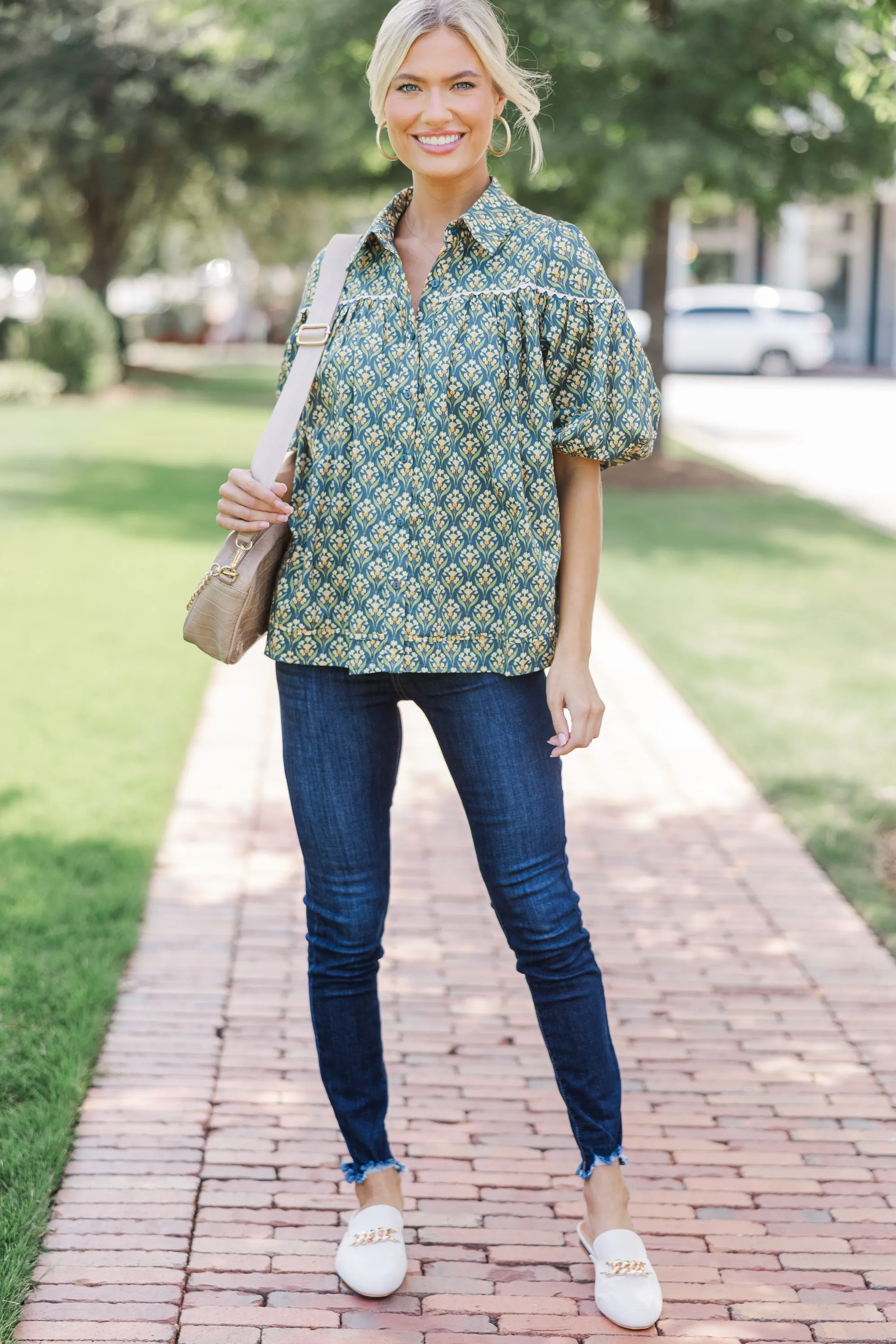 Better Than You Know Green Medallion Puff Sleeve Blouse