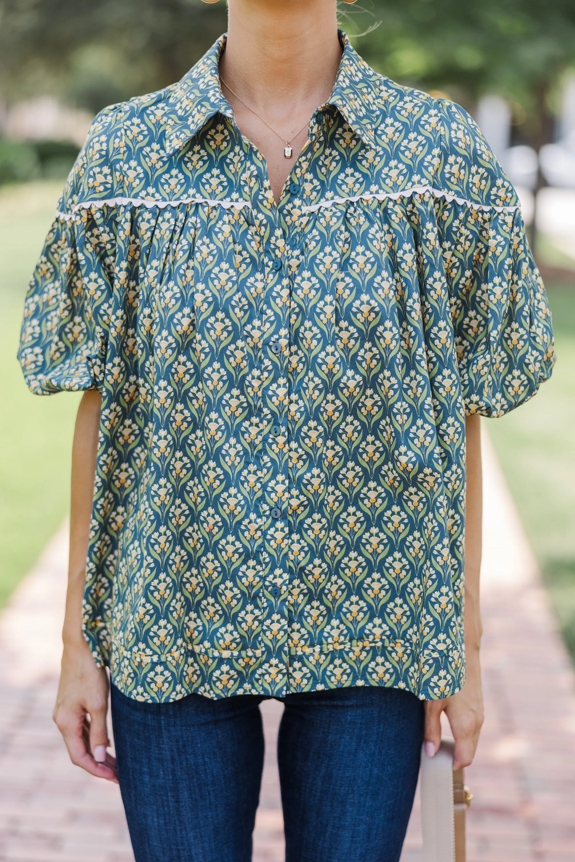 Better Than You Know Green Medallion Puff Sleeve Blouse