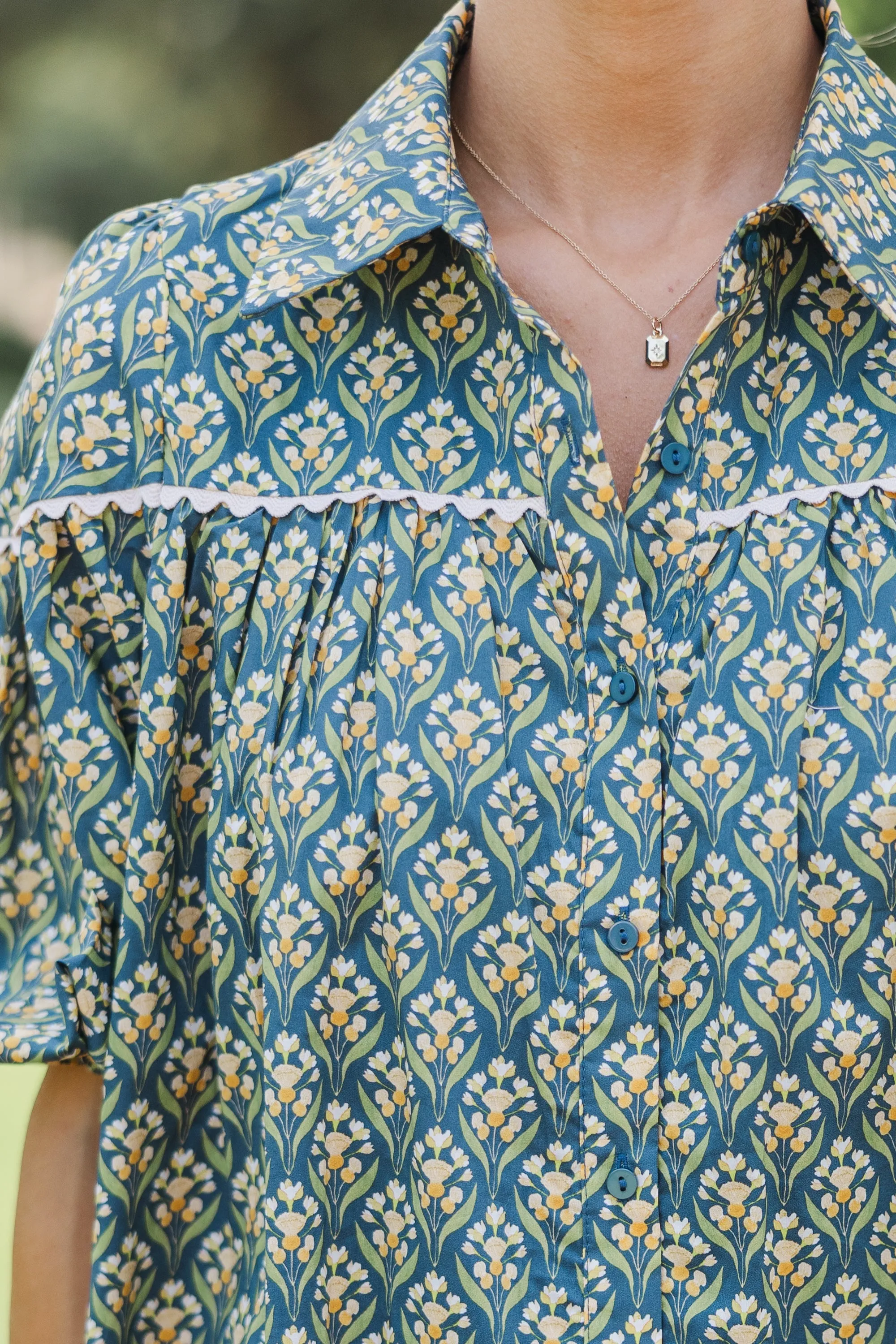Better Than You Know Green Medallion Puff Sleeve Blouse