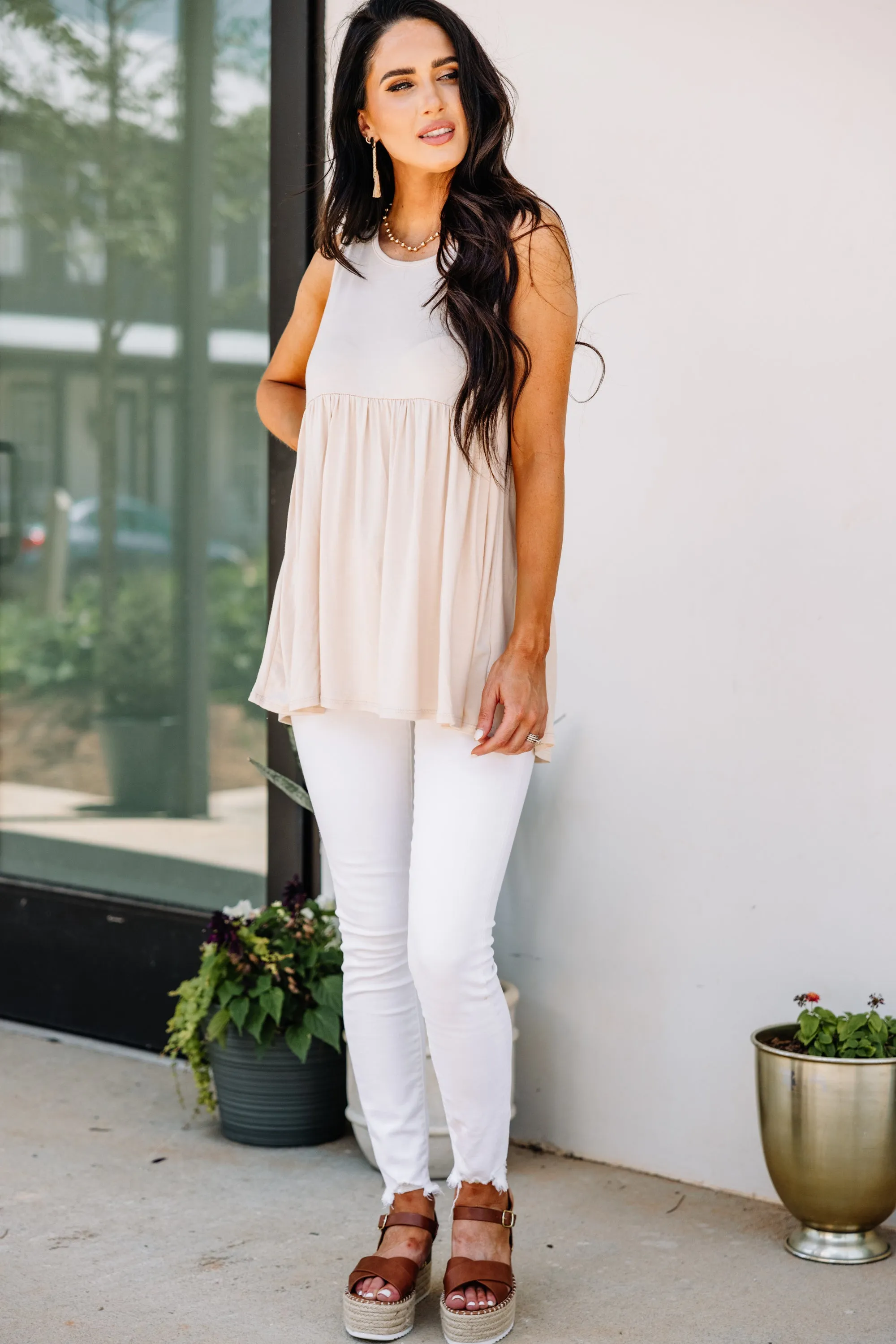 Better With You Oatmeal White Babydoll Tank
