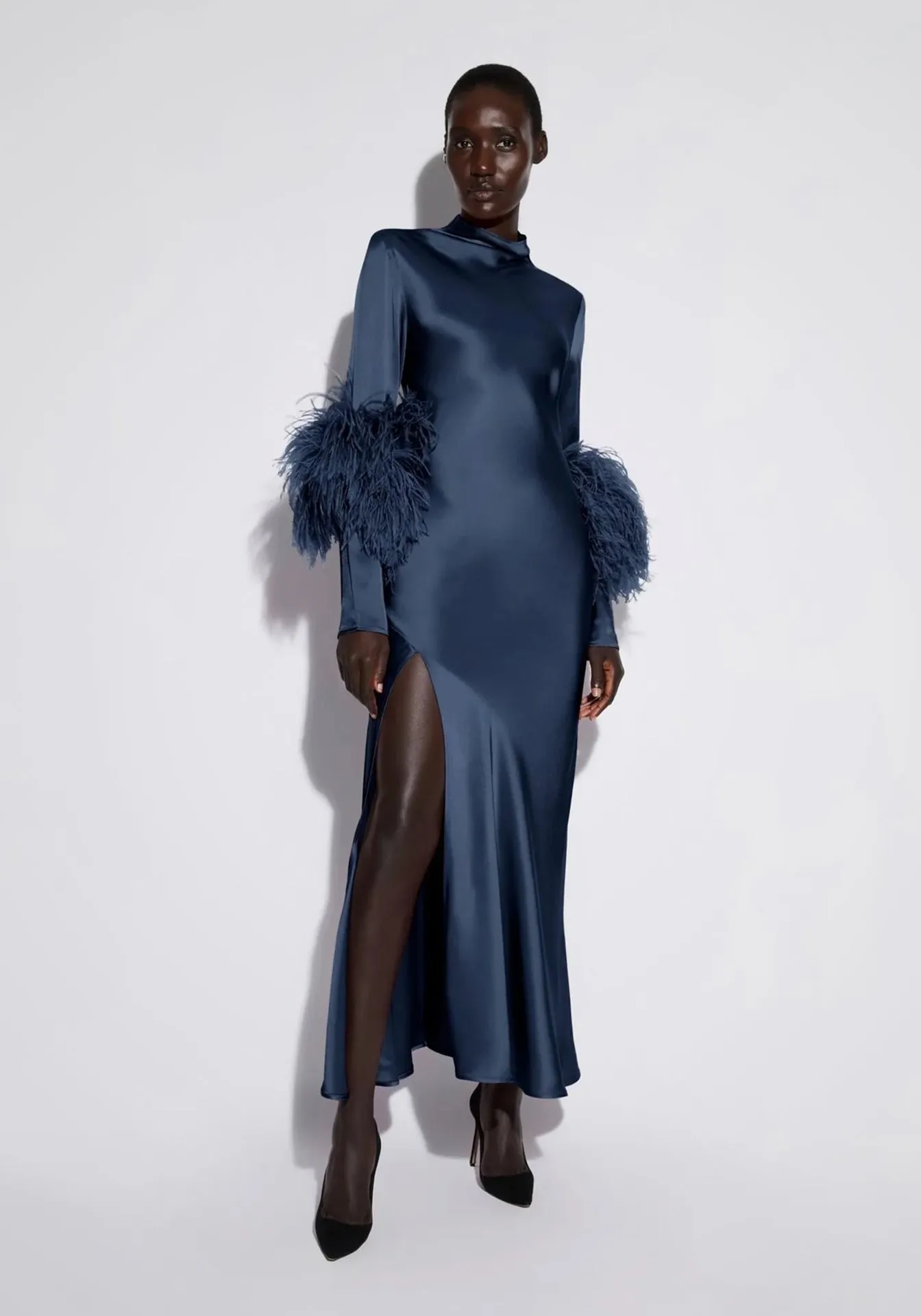 Bias Tab Slit Dress with Ostrich