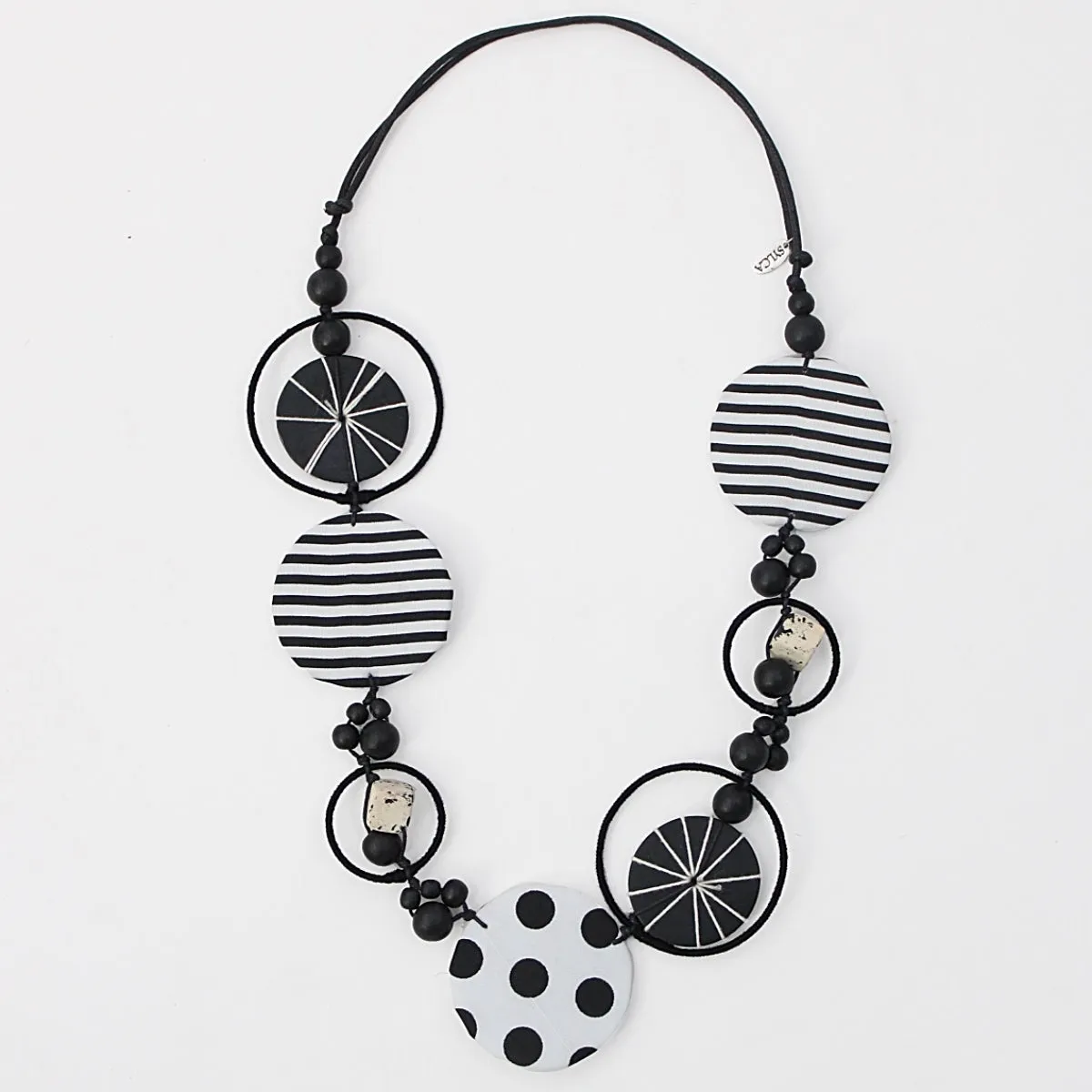 Black and White Fabric Disk Marina Necklace
